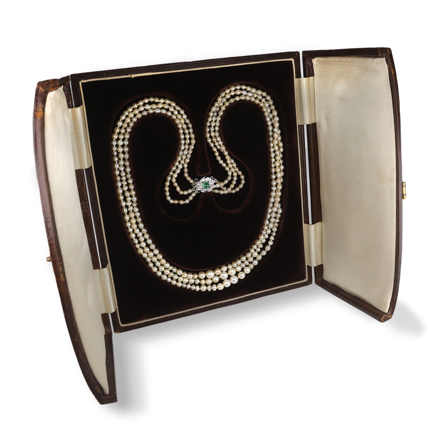 Mellerio Paris Edwardian 18KT White Gold Natural Pearl, Diamond & Emerald Necklace in box