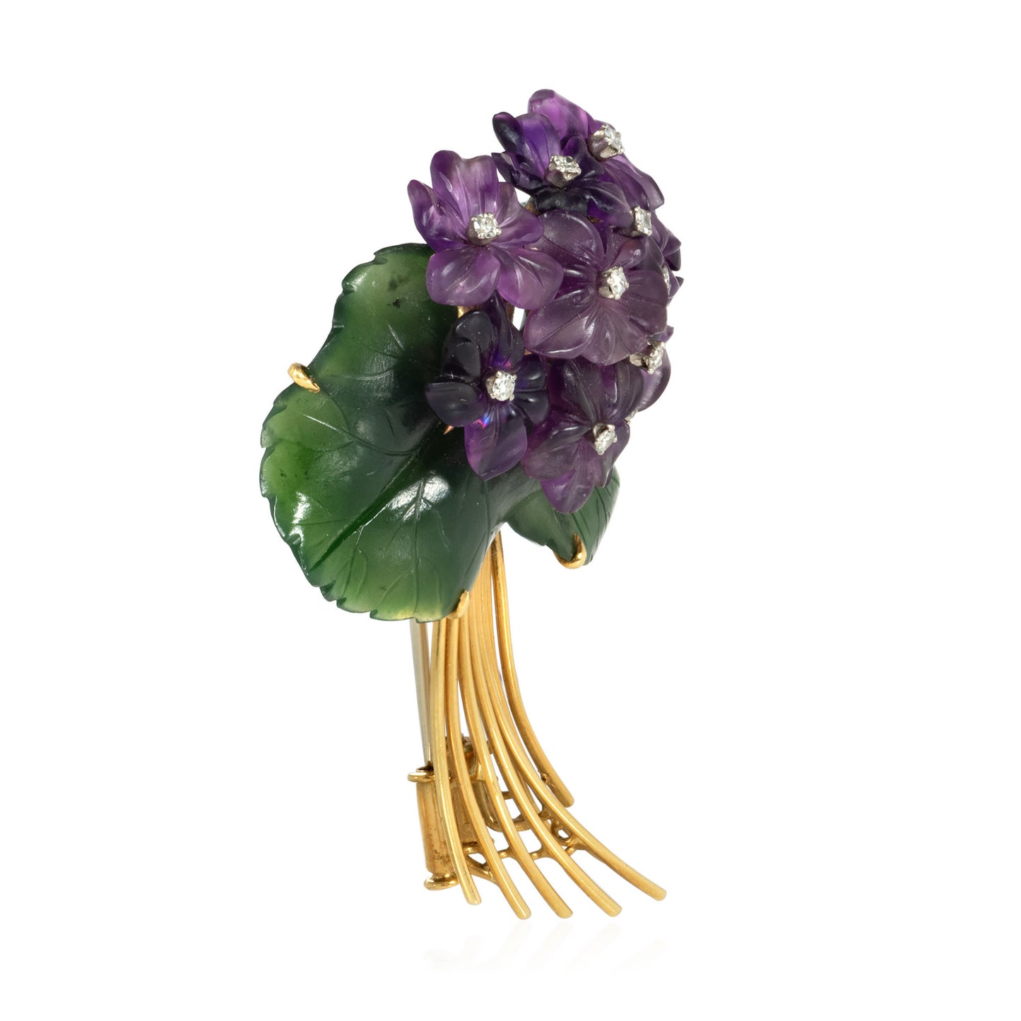 Austrian Retro 18KT Yellow Gold Amethyst & Jade Nephrite Voilet Posy Brooch side