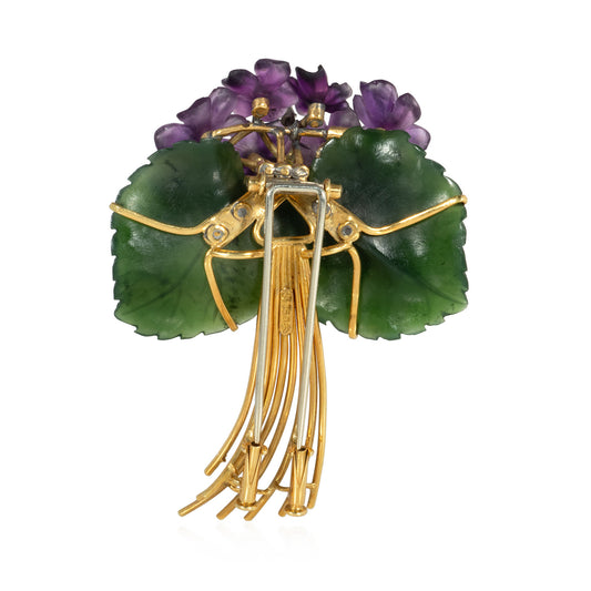 Austrian Retro 18KT Yellow Gold Amethyst & Jade Nephrite Voilet Posy Brooch back