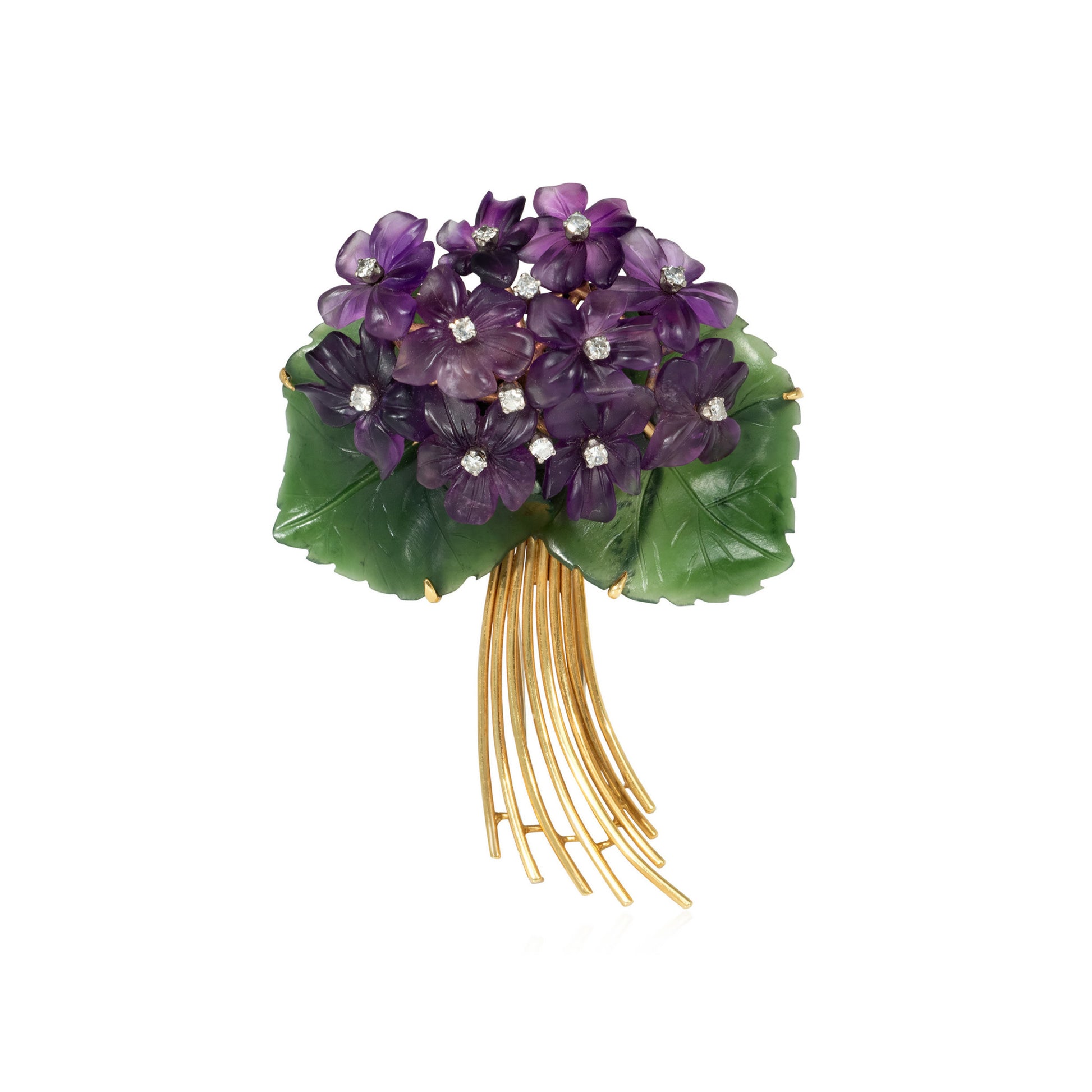 Austrian Retro 18KT Yellow Gold Amethyst & Jade Nephrite Voilet Posy Brooch front
