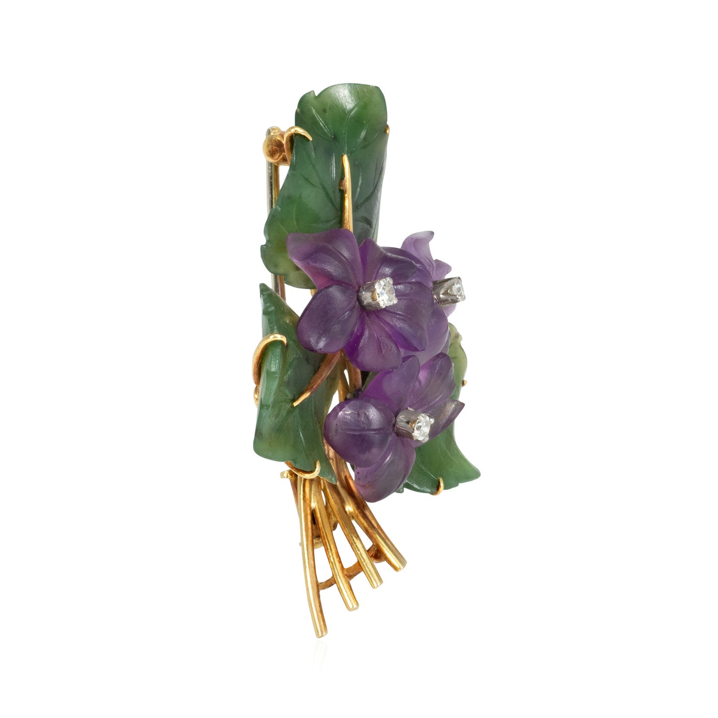 Austrian Retro 18KT Yellow Gold Amethyst & Jade Nephrite Posy Brooch side