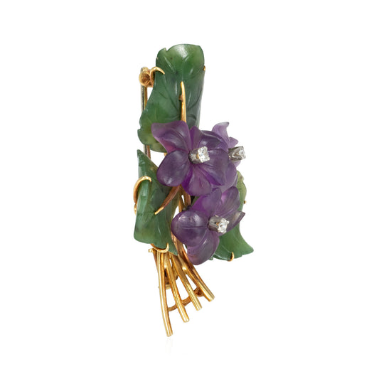 Austrian Retro 18KT Yellow Gold Amethyst & Jade Nephrite Posy Brooch side