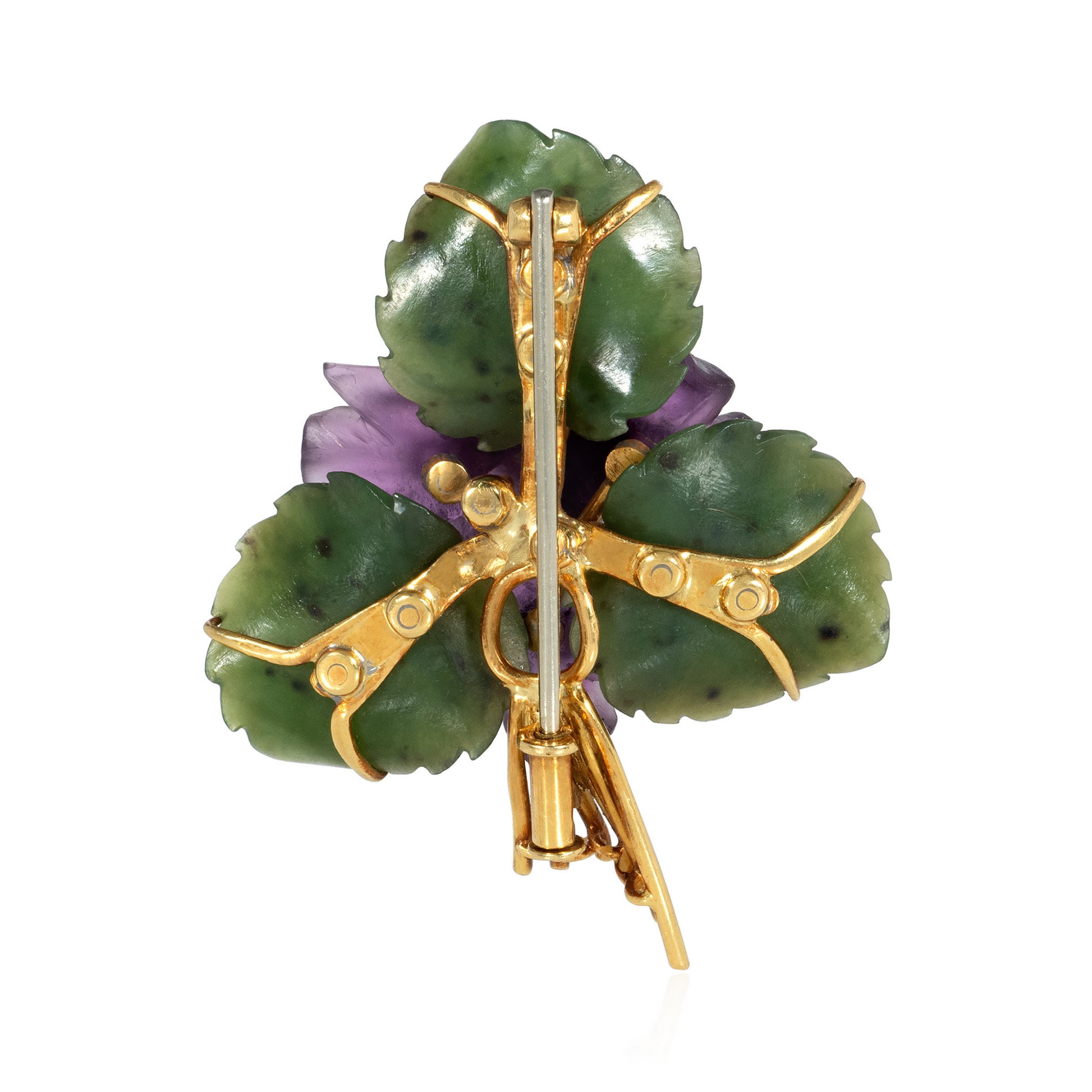Austrian Retro 18KT Yellow Gold Amethyst & Jade Nephrite Posy Brooch back