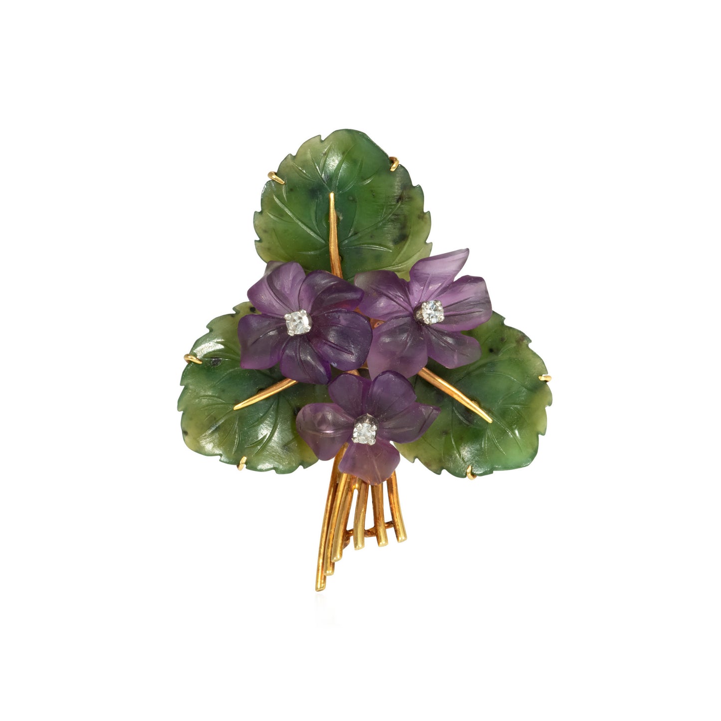 Austrian Retro 18KT Yellow Gold Amethyst & Jade Nephrite Posy Brooch front