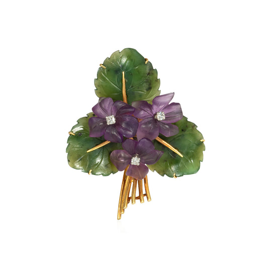 Austrian Retro 18KT Yellow Gold Amethyst & Jade Nephrite Posy Brooch front
