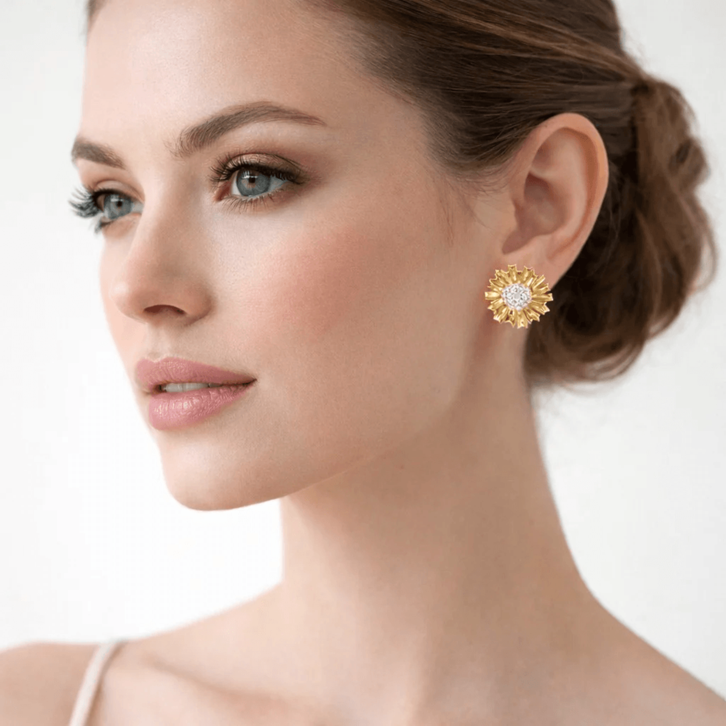 Post-1980s 18KT White & Yellow Gold Diamond Earrings on ear