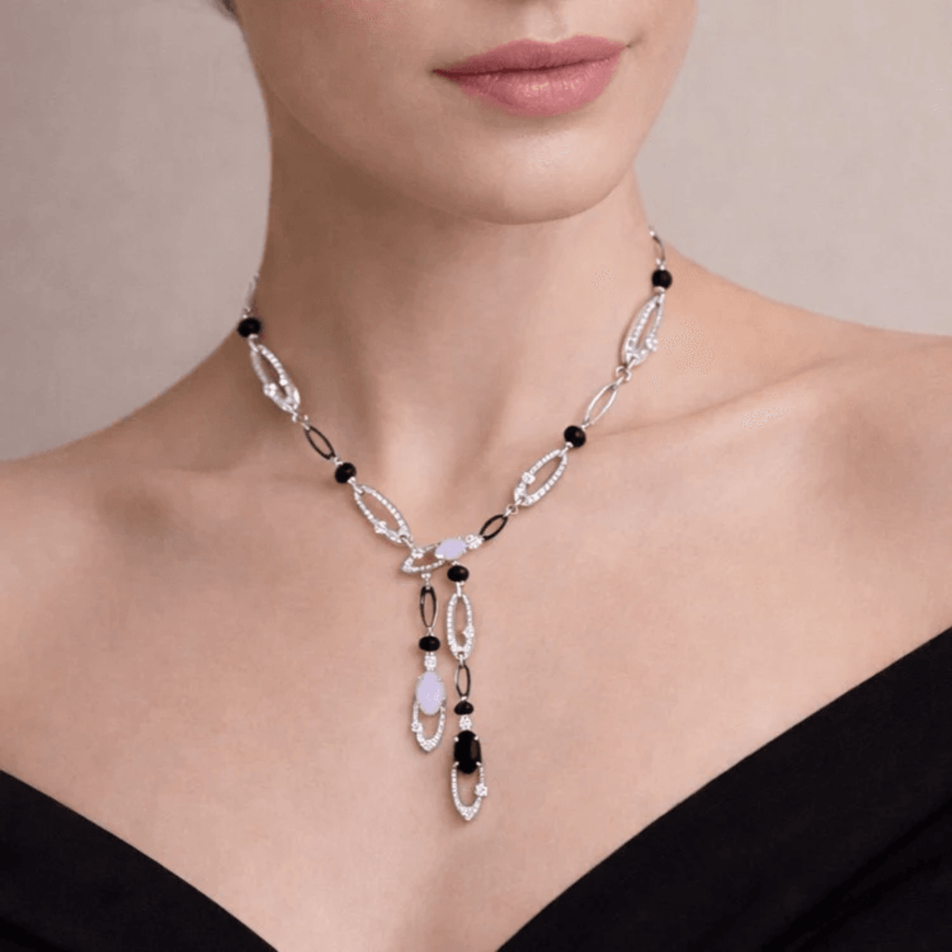 Bulgari Post-1980s 18KT White Gold Chalcedony, Diamond & Onyx Elysia Necklace on neck