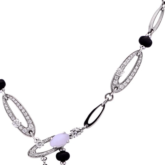 Bulgari Post-1980s 18KT White Gold Chalcedony, Diamond & Onyx Elysia Necklace details