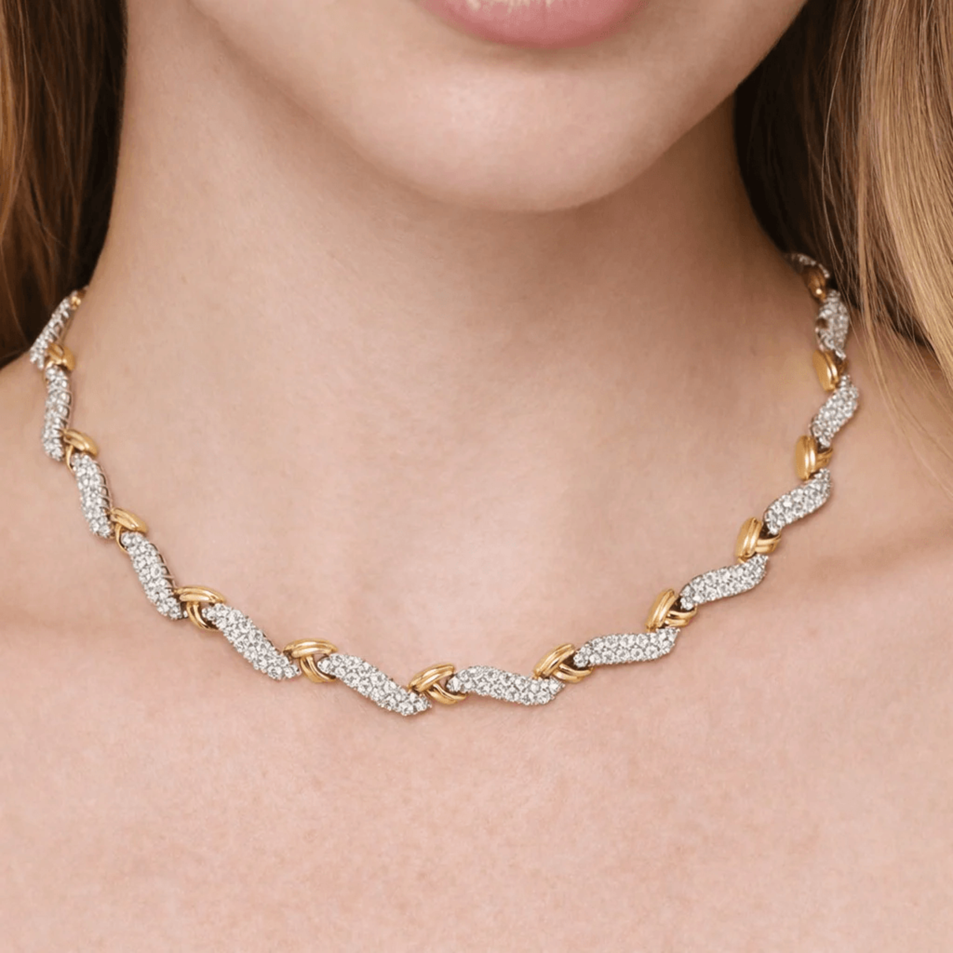 Tiffany & Co. Post-1980s Platinum & 18KT Yellow Gold Diamond Necklace on neck