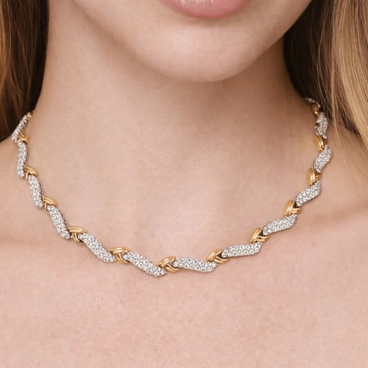 Tiffany & Co. Post-1980s Platinum & 18KT Yellow Gold Diamond Necklace on neck