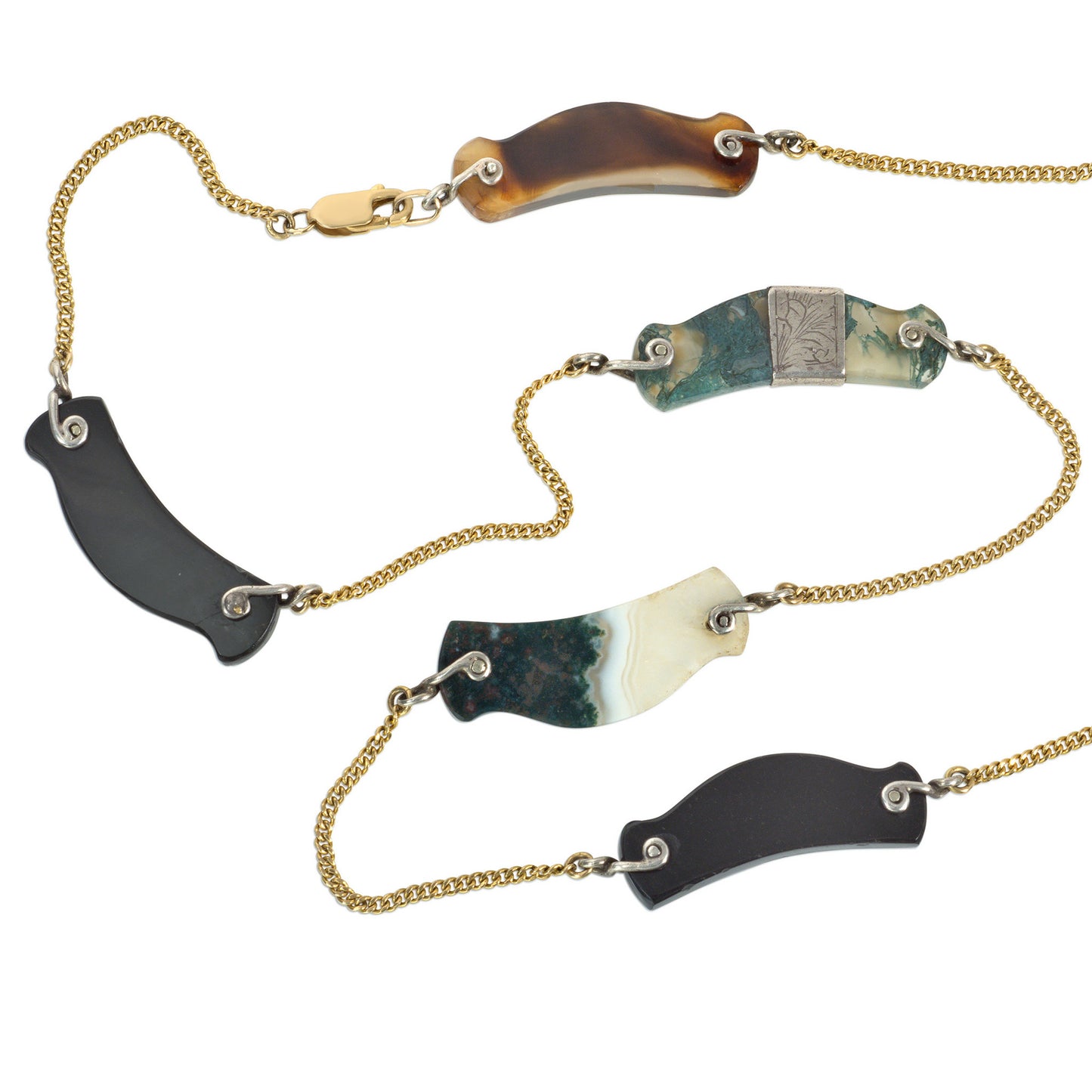 Scottish Victorian Silver & 14KT Yellow Gold Agate Necklace front