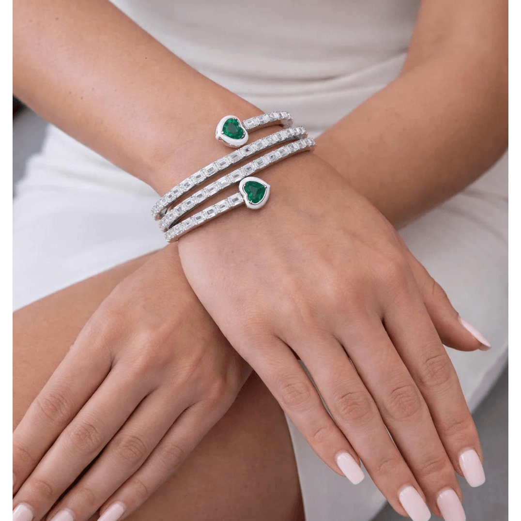 Post-1980s 18KT White Gold Emerald & Diamond Bracelet on wrist