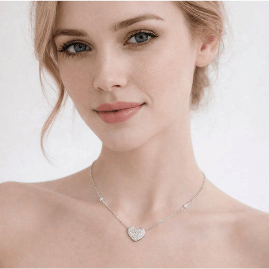 Post-1980s 18KT White Gold Diamond Heart Necklace on neck