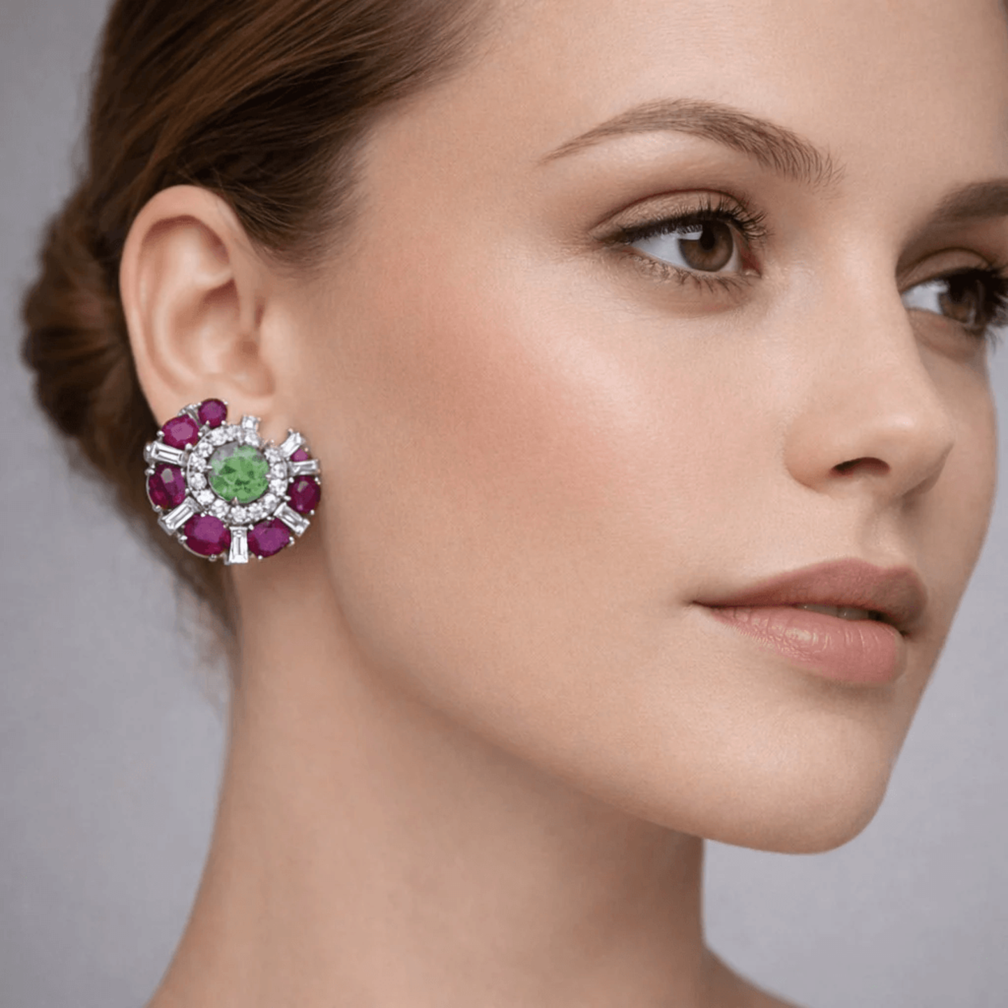 Post-1980s Platinum Ruby, Diamond & Demantoid Garnet Earrings on ear