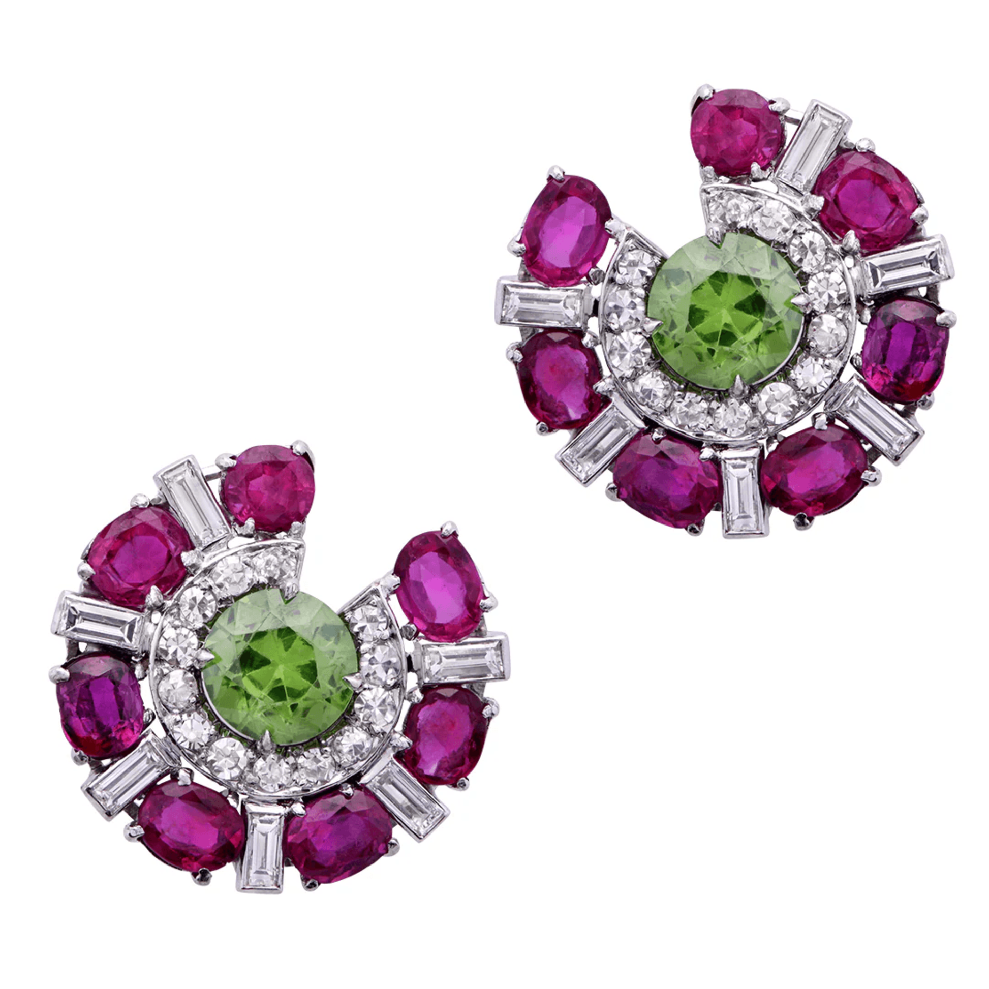 Post-1980s Platinum Ruby, Diamond & Demantoid Garnet Earrings front