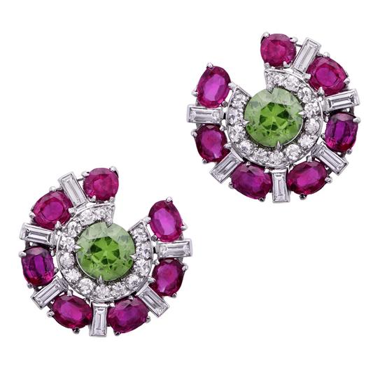 Post-1980s Platinum Ruby, Diamond & Demantoid Garnet Earrings front