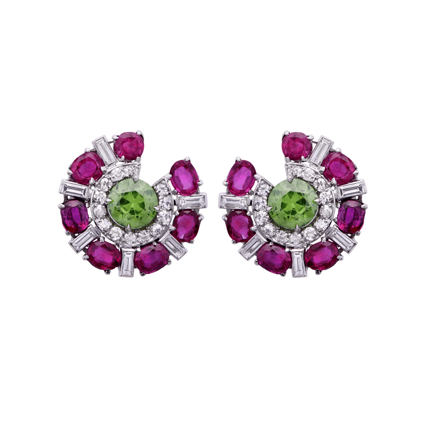 Post-1980s Platinum Ruby, Diamond & Demantoid Garnet Earrings front