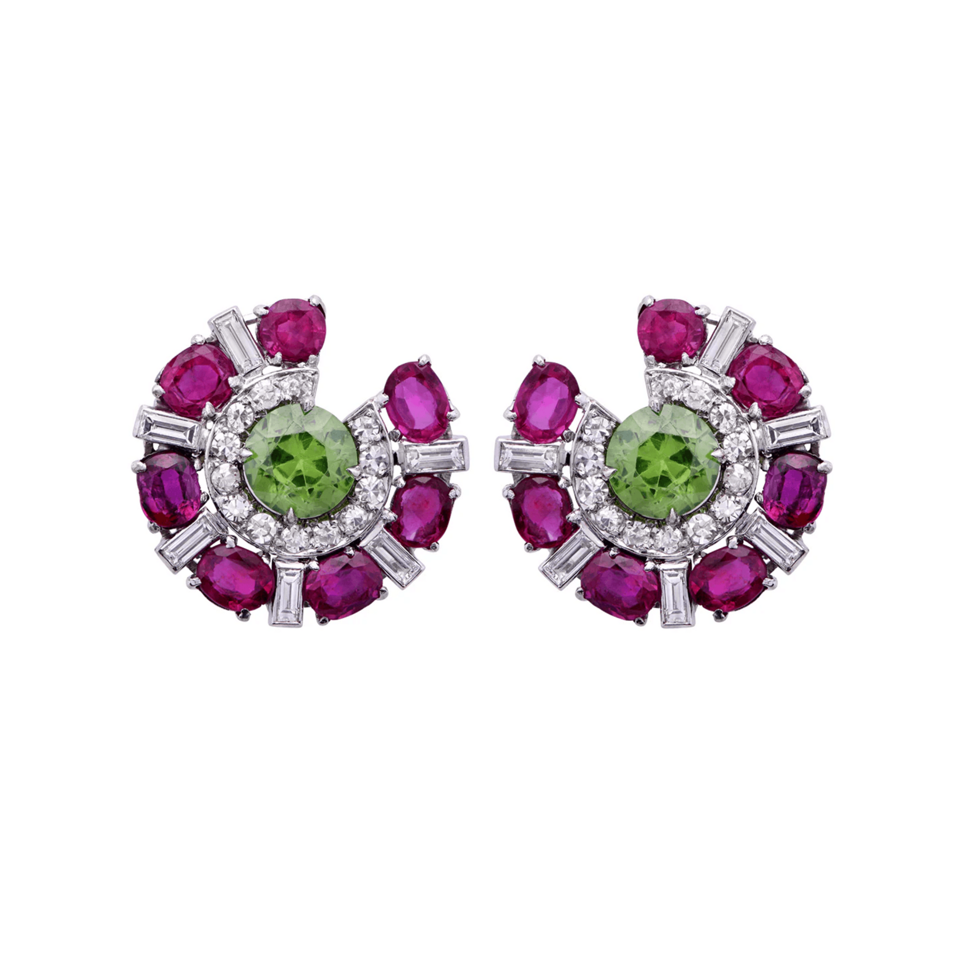 Post-1980s Platinum Ruby, Diamond & Demantoid Garnet Earrings front