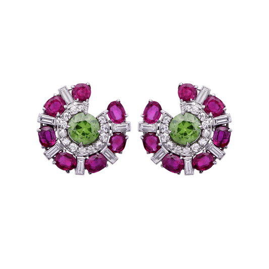 Post-1980s Platinum Ruby, Diamond & Demantoid Garnet Earrings front