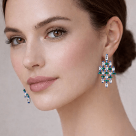 Post-1980s Titanium Emerald & Diamond Earrings on ear