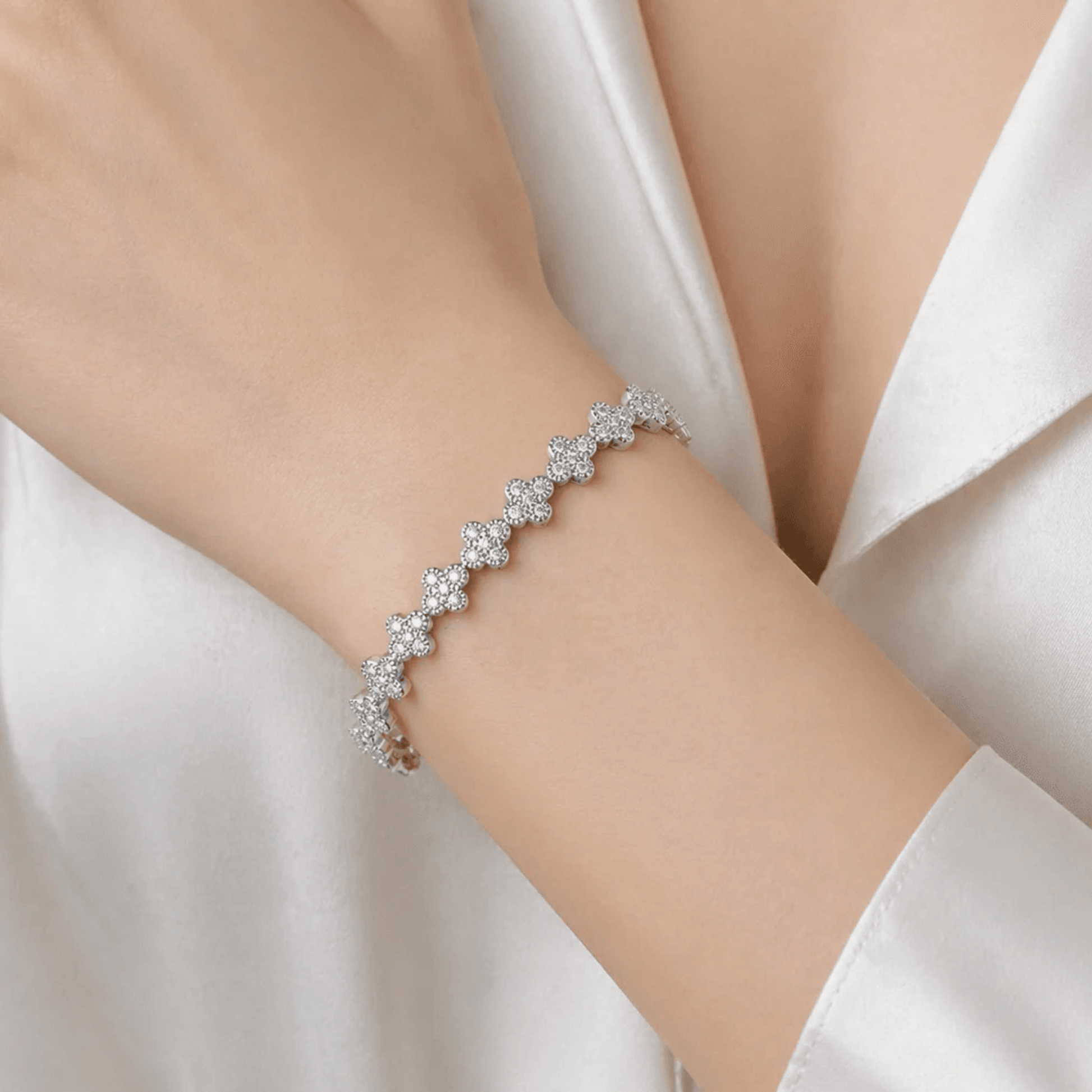 Contemporary 14KT White Gold Diamond Bracelet on wrist
