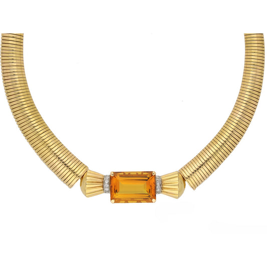 1940s 18KT Yellow Gold Citrine & Diamond Necklace front