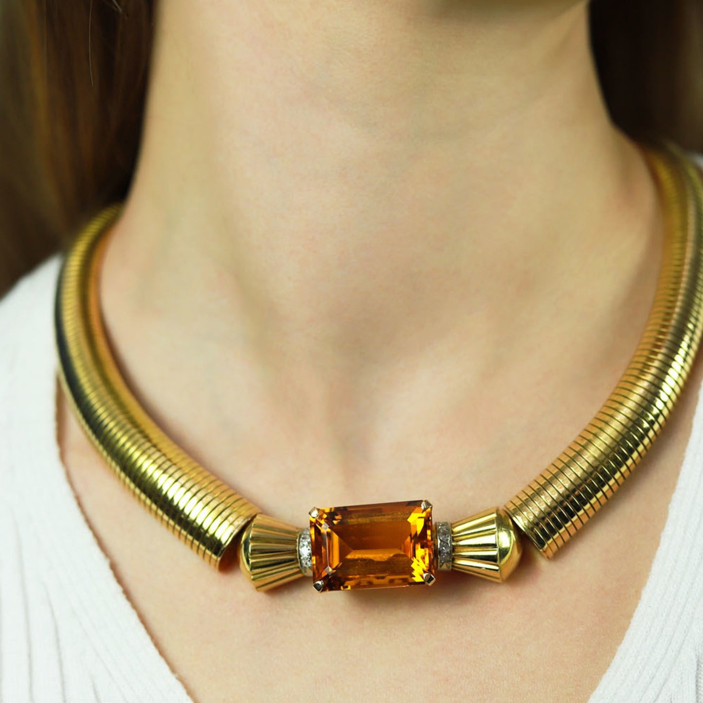 1940s 18KT Yellow Gold Citrine & Diamond Necklace on neck
