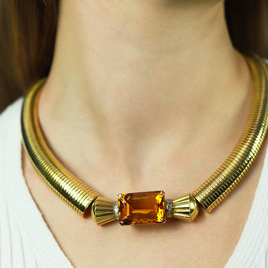 1940s 18KT Yellow Gold Citrine & Diamond Necklace on neck