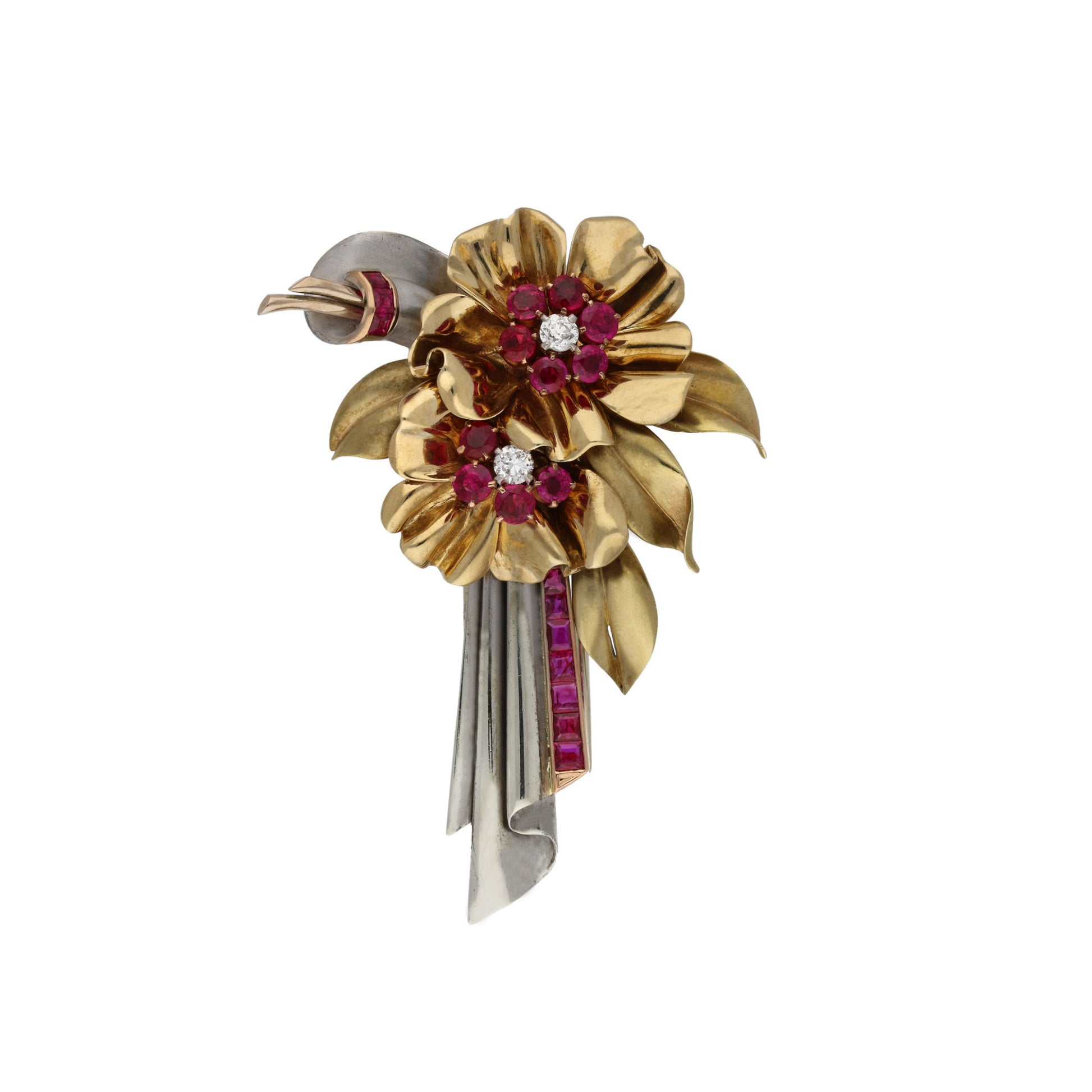 1940s 18KT Rose, White & Yellow Gold Ruby & Diamond Flower Brooch front