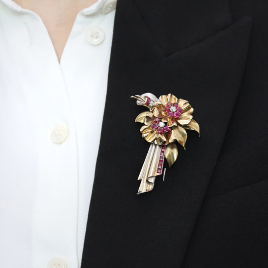 1940s 18KT Rose, White & Yellow Gold Ruby & Diamond Flower Brooch on lapel