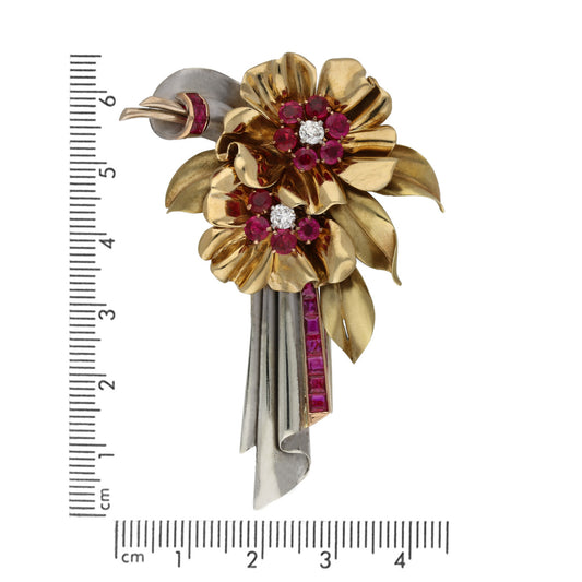 1940s 18KT Rose, White & Yellow Gold Ruby & Diamond Flower Brooch front