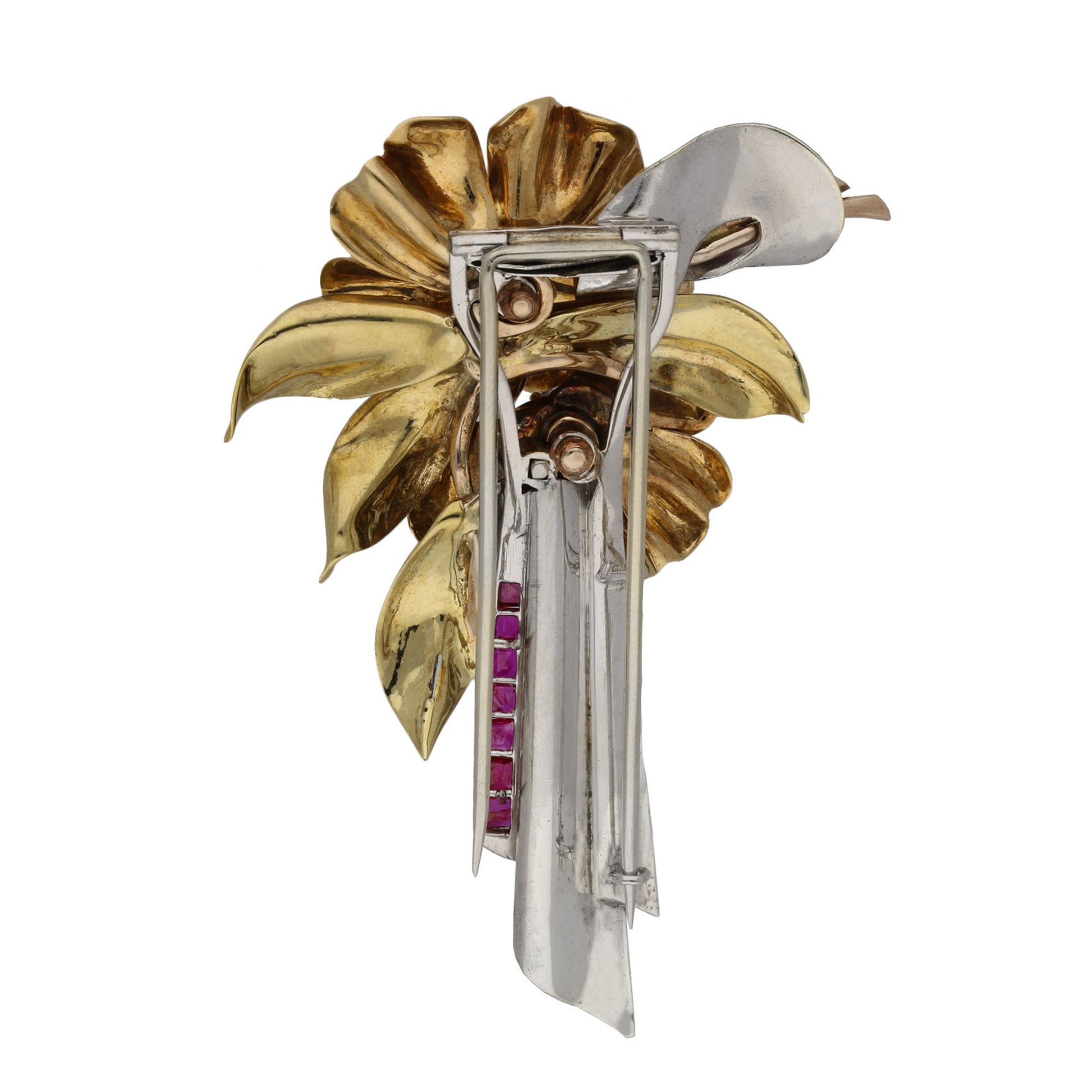 1940s 18KT Rose, White & Yellow Gold Ruby & Diamond Flower Brooch back
