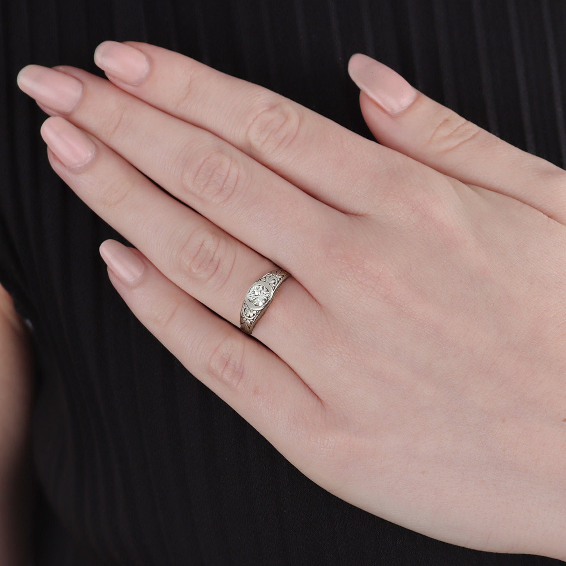Edwardian Platinum Diamond Ring on finger