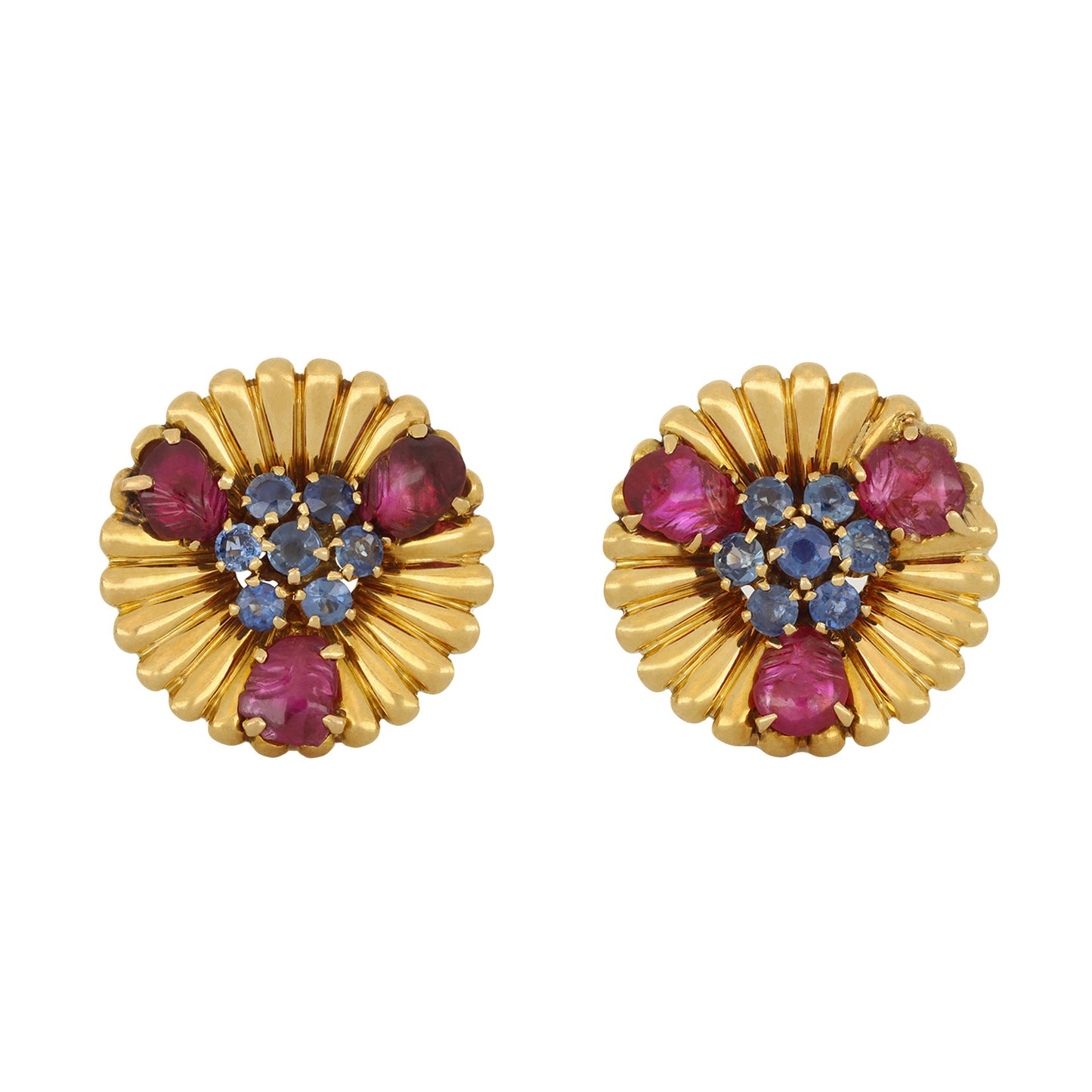 Mellerio France 1940s 18KT Yellow Gold Ruby & Sapphire Earrings front