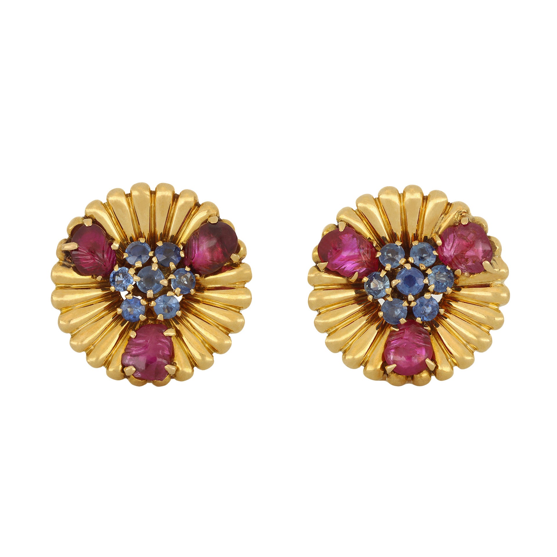 Mellerio France 1940s 18KT Yellow Gold Ruby & Sapphire Earrings front