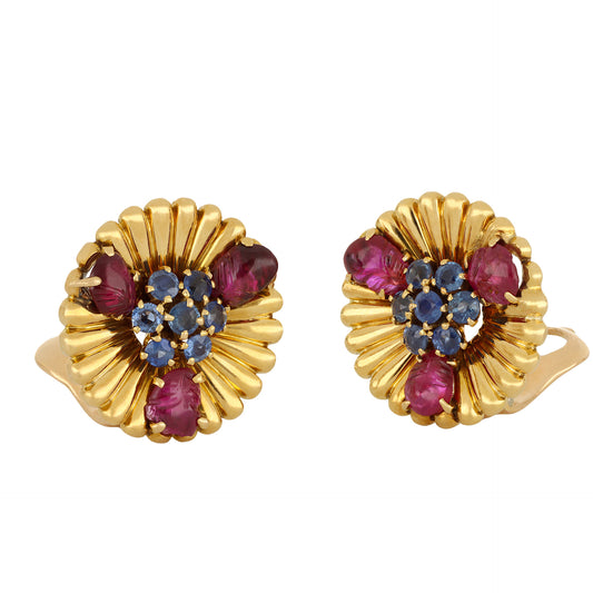 Mellerio France 1940s 18KT Yellow Gold Ruby & Sapphire Earrings front