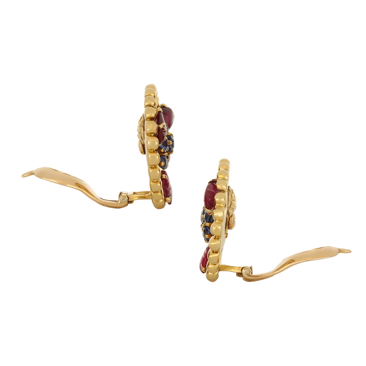 Mellerio France 1940s 18KT Yellow Gold Ruby & Sapphire Earrings side