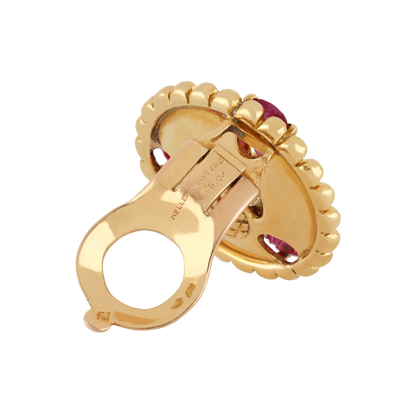 Mellerio France 1940s 18KT Yellow Gold Ruby & Sapphire Earrings back and signature