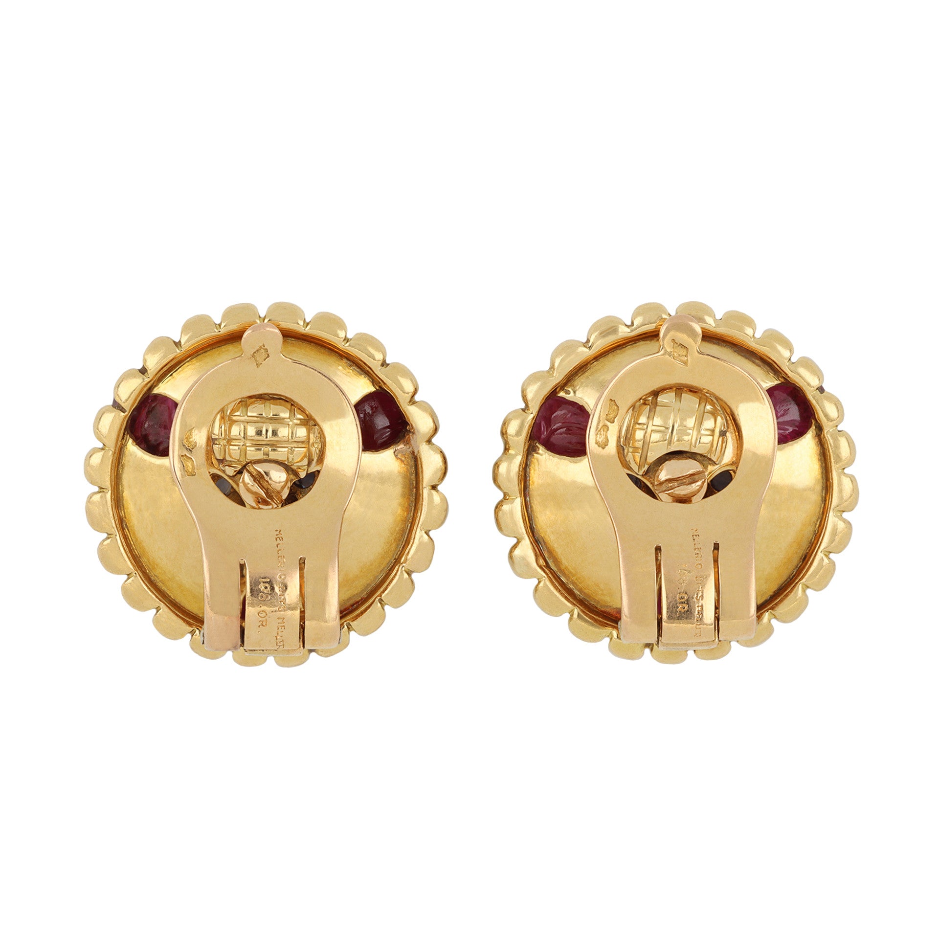 Mellerio France 1940s 18KT Yellow Gold Ruby & Sapphire Earrings back