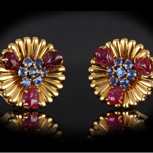 Mellerio France 1940s 18KT Yellow Gold Ruby & Sapphire Earrings front