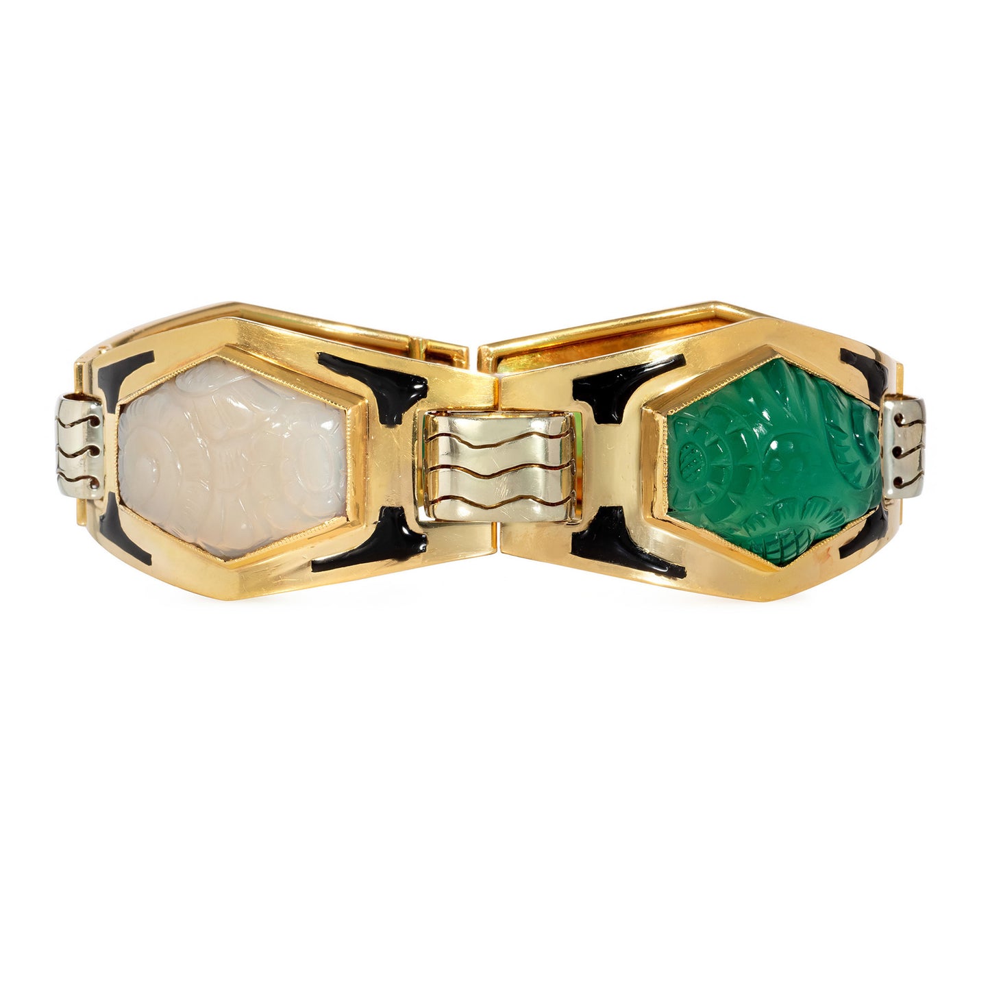 Sasportas France Art Deco 18KT Yellow Gold Chrysoprase & Chalcedony Bracelet front