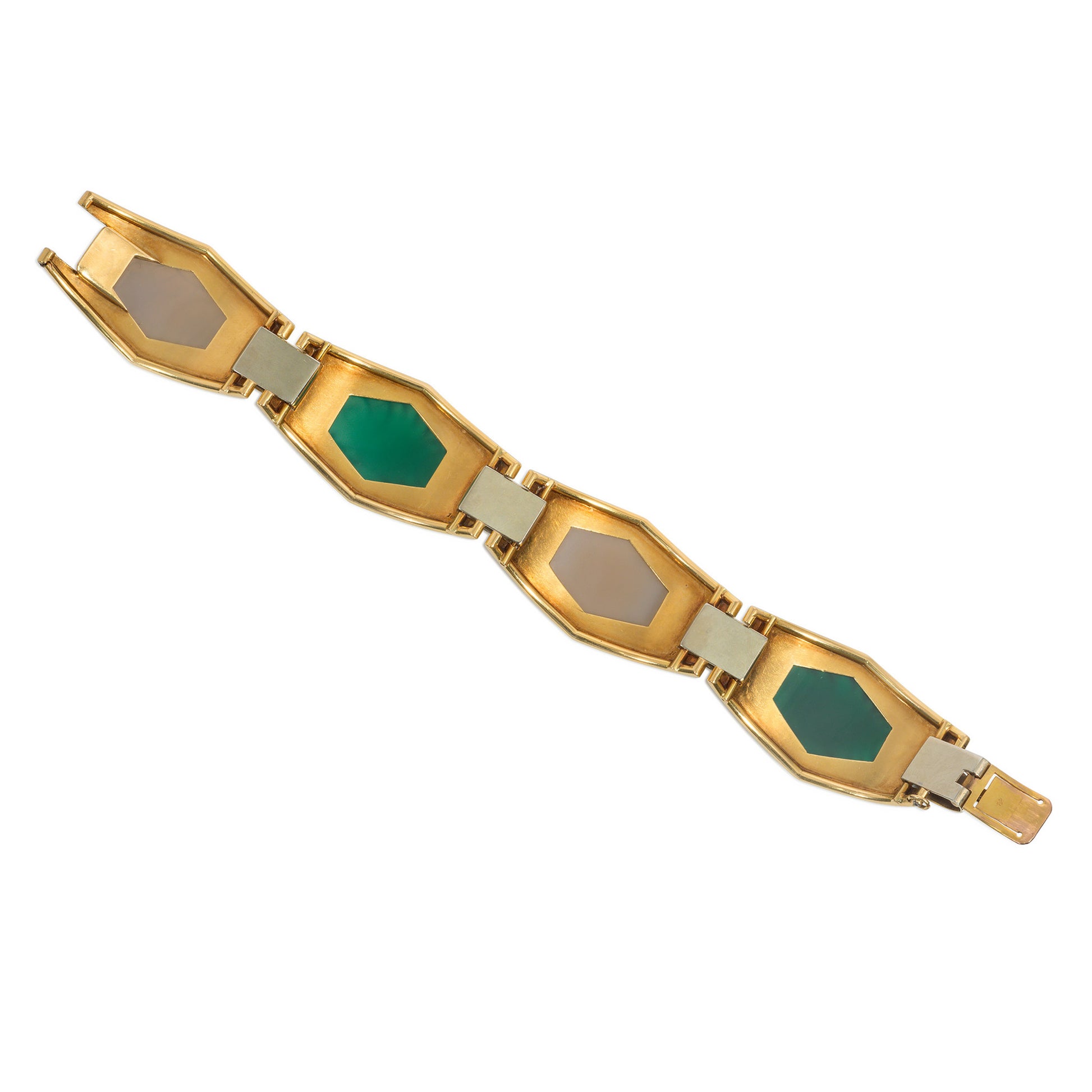 Sasportas France Art Deco 18KT Yellow Gold Chrysoprase & Chalcedony Bracelet back