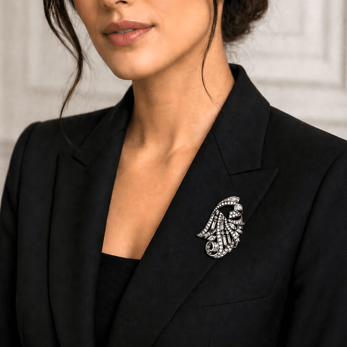Contemporary Platinum Diamond Brooch on lapel