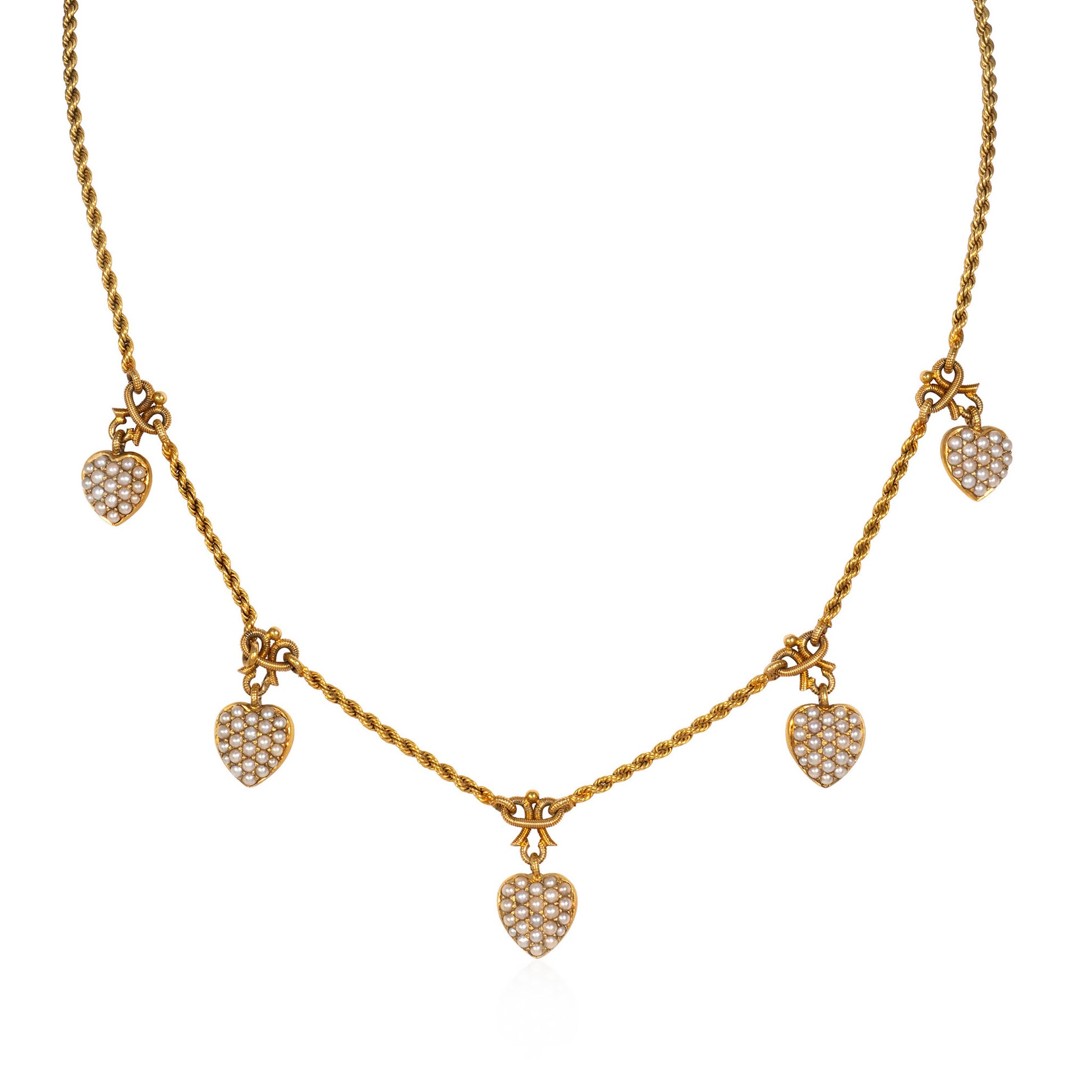 Victorian 15KT Yellow Gold Natural Pearl Heart Necklace front