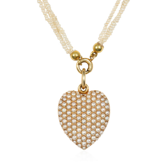 Sloan & Co. Edwardian 14KT Yellow Gold Natural Pearl Heart Locket Necklace front