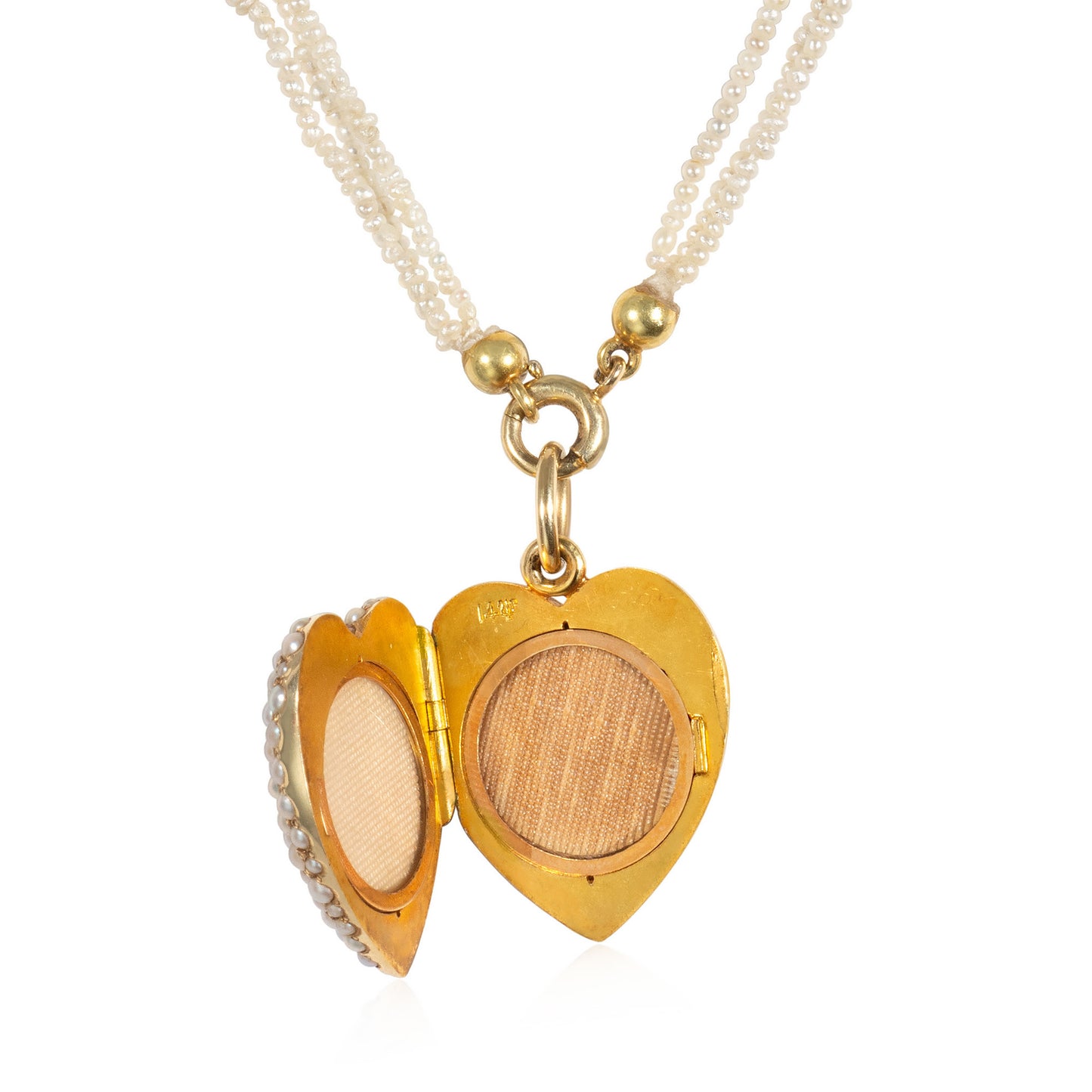  Sloan & Co. Edwardian 14KT Yellow Gold Natural Pearl Heart Locket Necklace open locket