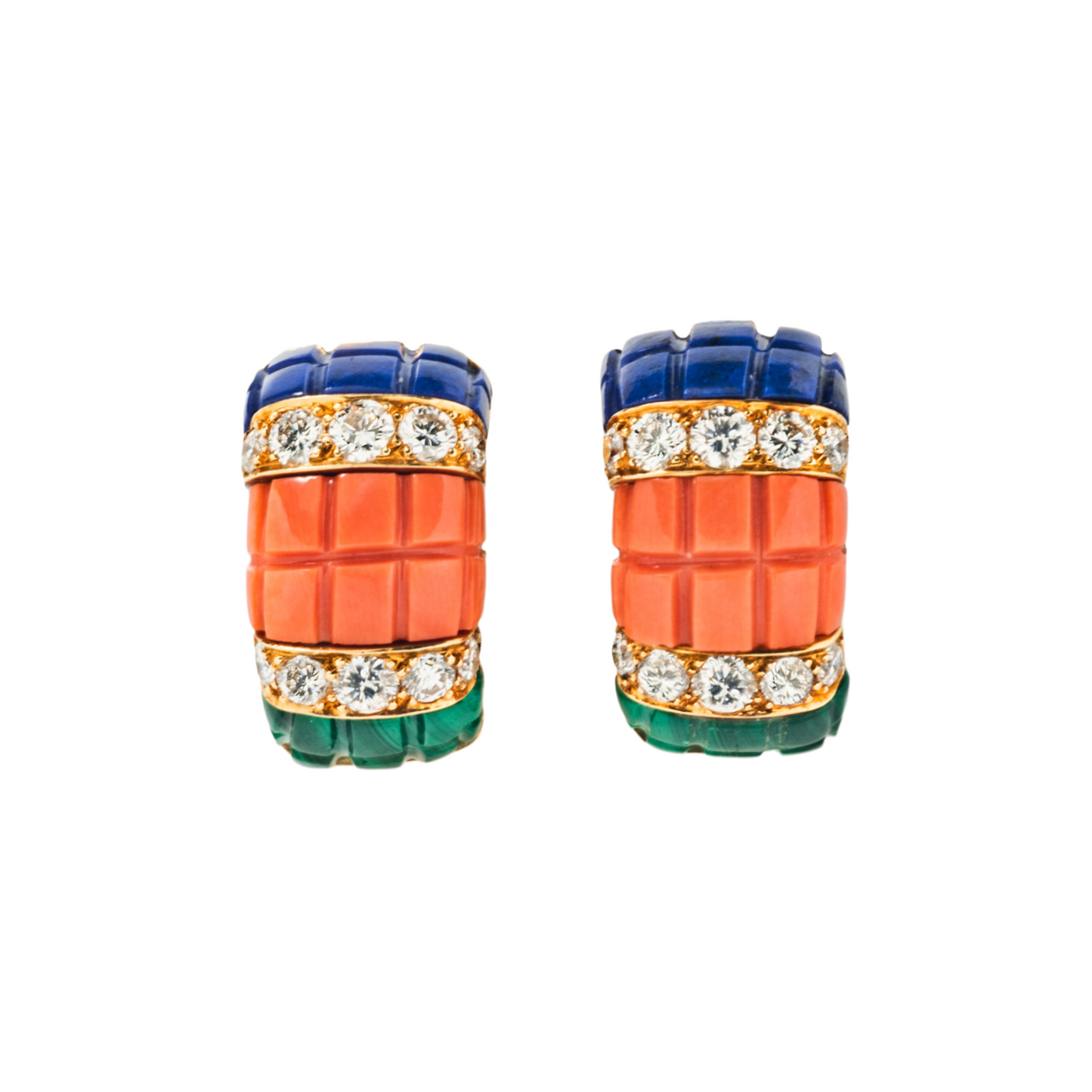 Van Cleef & Arpels 1980s 18KT Yellow Gold Coral, Diamond, Lapis Lazuli & Malachite Earrings front view