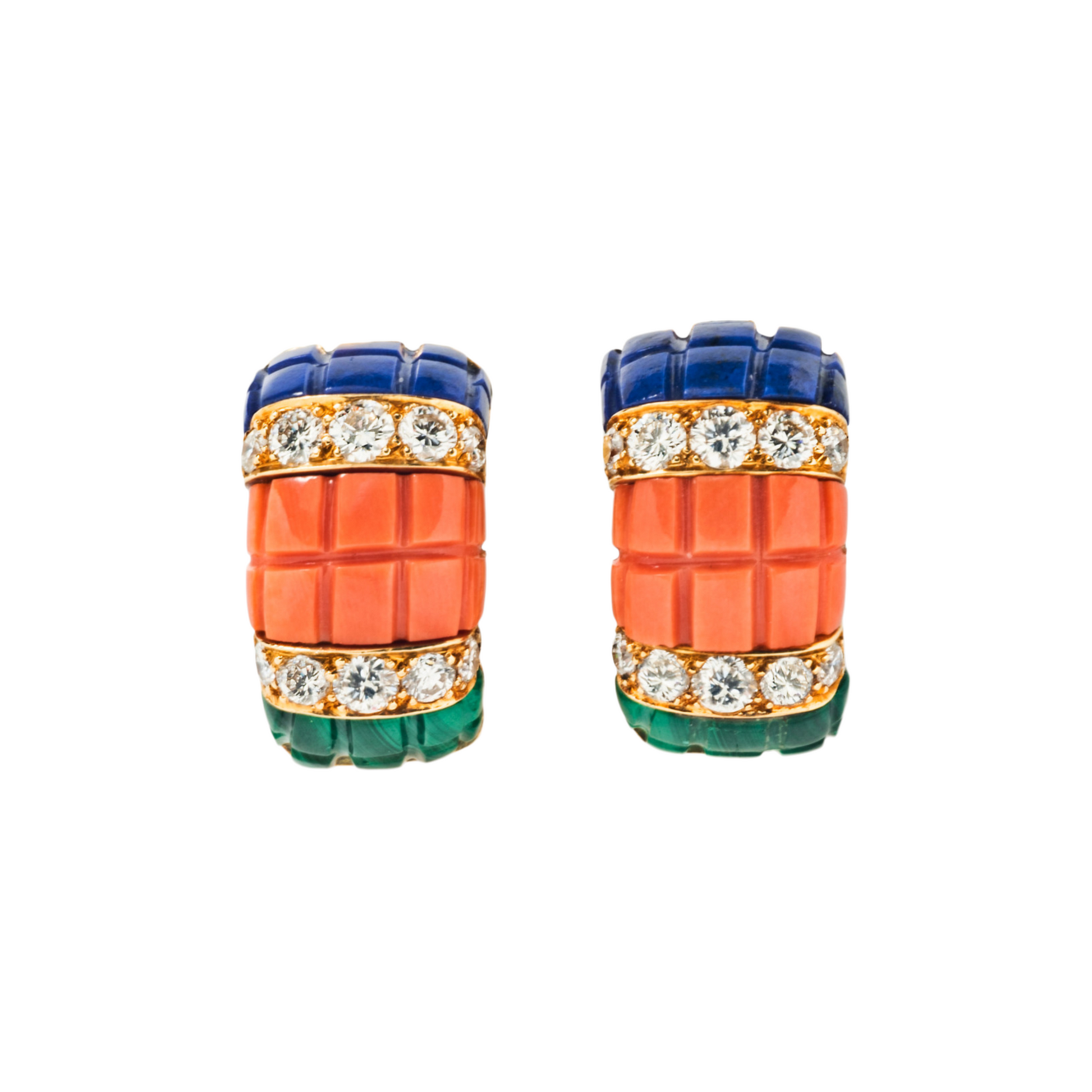 Van Cleef & Arpels 1980s 18KT Yellow Gold Coral, Diamond, Lapis Lazuli & Malachite Earrings front view