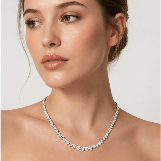 Post-1980s 14KT White Gold Diamond Riviere Necklace on neck