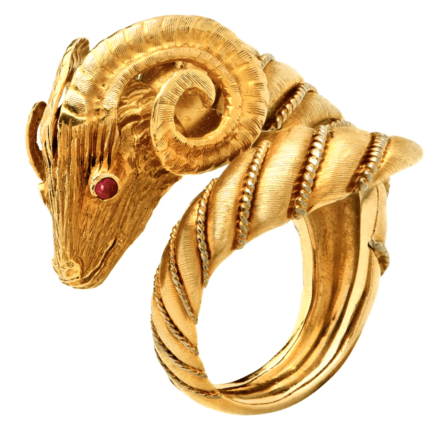 Post-1980s 18KT Yellow Gold Diamond & Ruby Ram Ring front